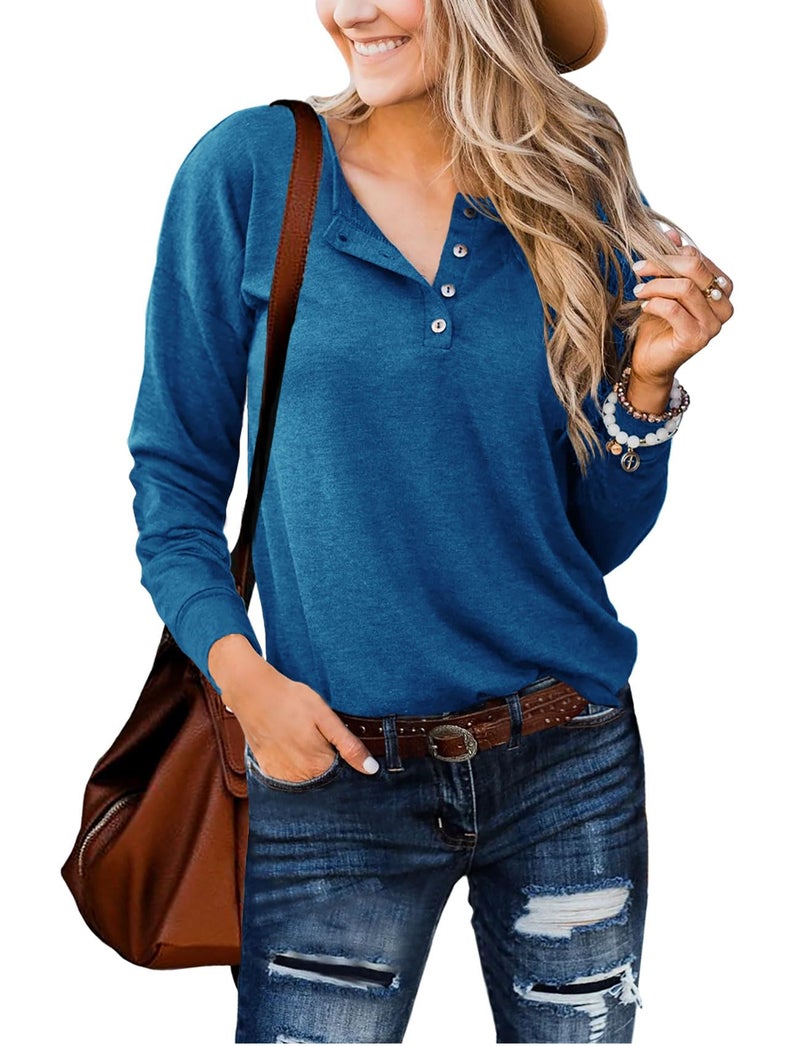 Topstype قمصان هينلي للنساء بأكمام طويلة، تصميم فضفاض، ياقة هينلي - Image 1